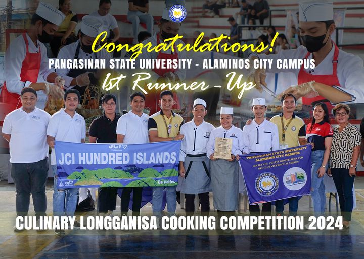 May be an image of 14 people and text that says 'Congratulations! PANGASINAN STATE UNIVERSITY- ALAMINOS CITY CAMPUS ist Runner Up JCIO JUIV JCI HUNDRED ISLANDS AS UNIVERSITY ANGAMINOS ETLOF Be Better. CULINARY LONGGANISA COOKING COMPETITION 2024'